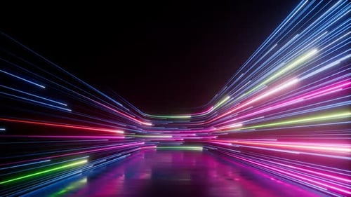 Abstract neon background with colorful glowing lines sliding right endlessly.