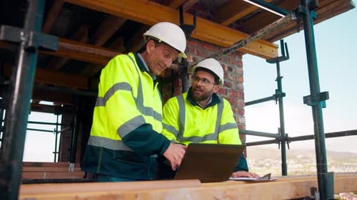 Team, talk and laptop on construction site with research, engineering or manager advice