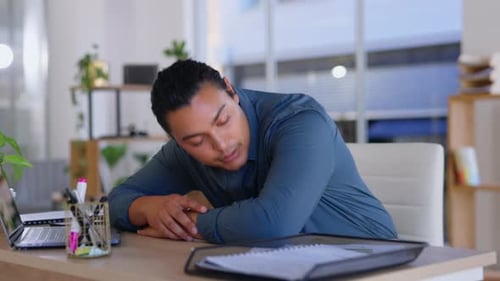 Tired, business man and sleeping in office with burnout, work stress and low energy at desk