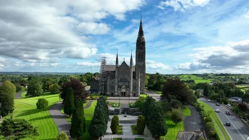 St. Cathedral, County Monaghan, Ireland, September 2022. Drone slowly pulls backward showcasing the