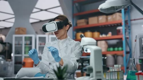 Vr Glasses Doctor Controlling Augmented Reality Simulation in Laboratory Closeup
