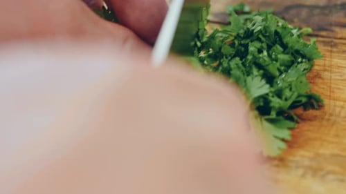 a Woman's Hand Cuts Green Onions with a Knife on a Wooden Chopping Board