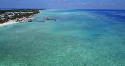 Tropical panoramic scenery over Maldives. Sunny weather, blue skies and crystal clear water. Soft lo