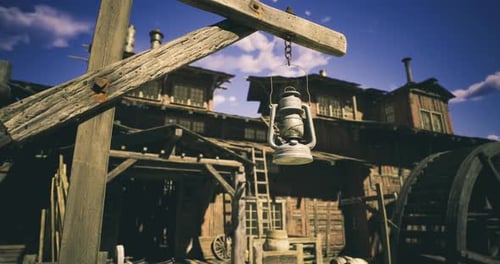Rustic Lantern Hanging at an Old Wooden Structure in a Deserted Town