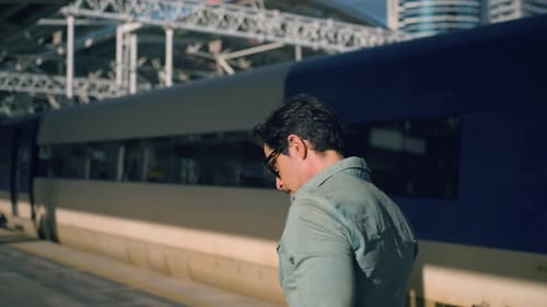 Man Traveler on Railway Train Station Platform in Seoul - close-up, Slow motion