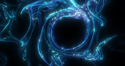 Las partículas azules se arremolinan sin problemas sobre un fondo negro. Círculo concéntrico