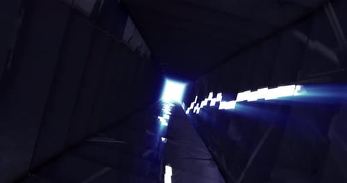 Flight through technological cyberspace with neon glow. Sci-fi flight through high technology tunnel