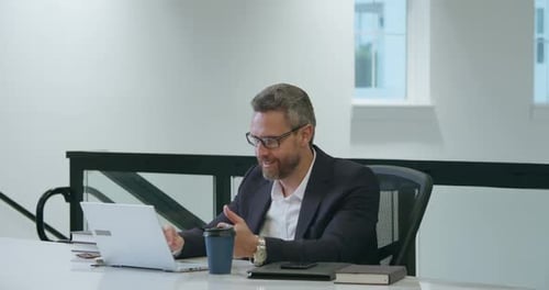 Businessman Talk Online in Office Man on Meeting with Laptop Businessman Worker Talk on Video