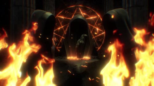 Ominous Ritual with Fiery Altar and Glowing Magical Symbol
