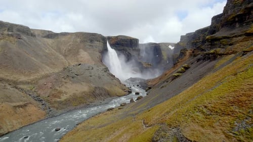Aerial of Majestic Haifoss Waterfall. Spectacular Scenery of Iceland