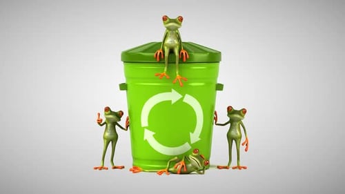 Lustige grüne Cartoon-Frösche, die Müll recyceln