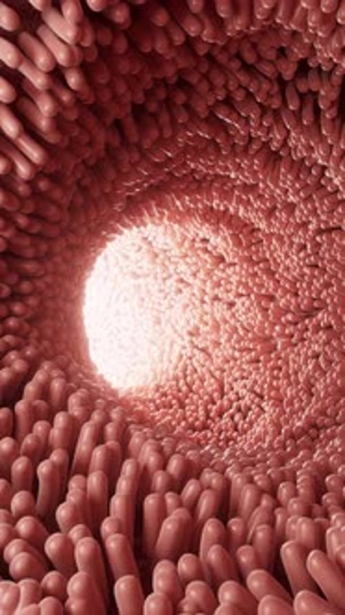 Fleshy intestinal canal lined with soft villi