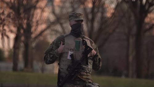 National Guard Soldier with M4 Rifle Stands Guard Outside US Capitol Before Joe Biden Inauguration,