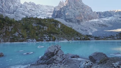 The frozen Sorapiss lake and majestic Dolomites Alp Mountains, province of Belluno, Italy