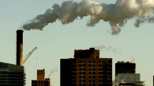 Industrial Pollution Smoke Steam Smog Moving Over Urban City Buildings