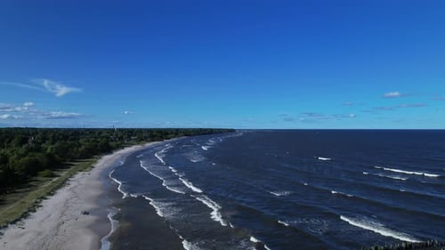 An aerial view of a beach and the ocean