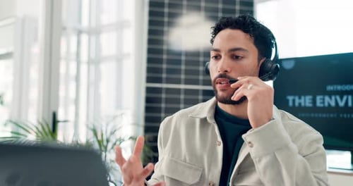 Man, laptop or talking with headset in call center for PV troubleshooting, online help or advice