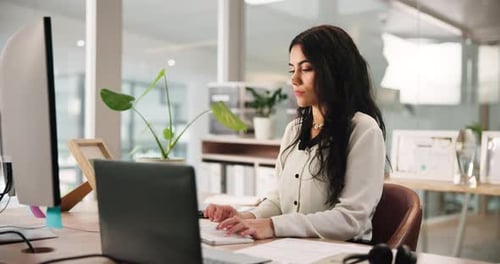 Computer, notebook and reading with woman in office for accounting or bookkeeping schedule