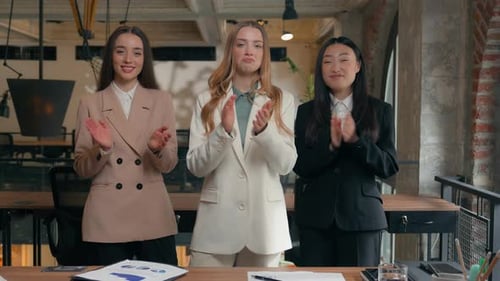 Smiling Satisfied Congratulation Business Multiethnic Diversity Women Three Multiracial Females