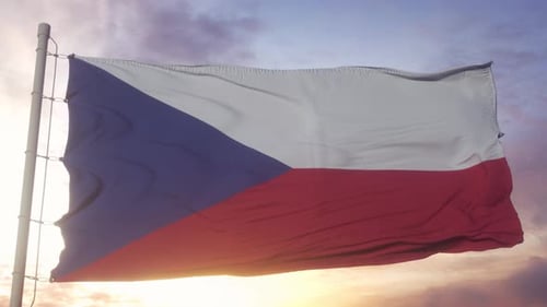 Czech Republic Flag Waving in Sunset Sky