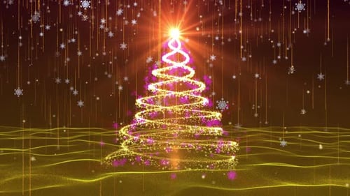 Glowing Christmas Tree Forming with Falling Snowflakes and Golden Particles