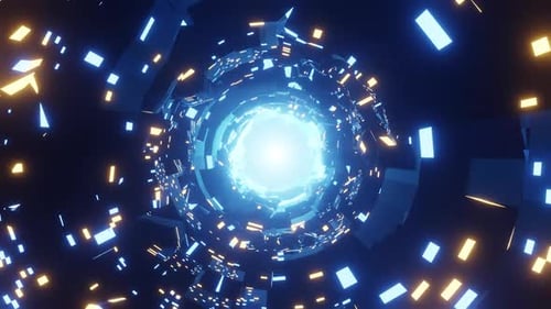 Abstract techno tunnel with rotating sections and complex geometric structures.