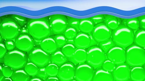Green spheres bouncing and filling container with blue wavy top