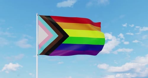 Waving Progress Pride Flag Animation on Blue Sky