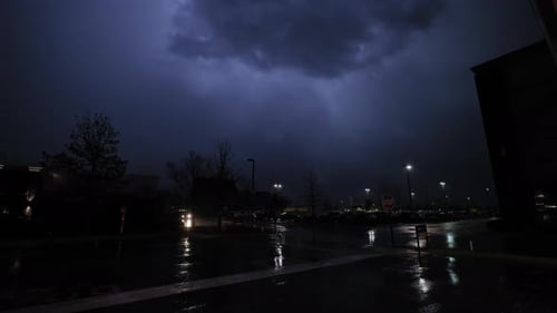 Heavy Lightning Storm Over Empty Parking Lot Out Wide Shot Footage