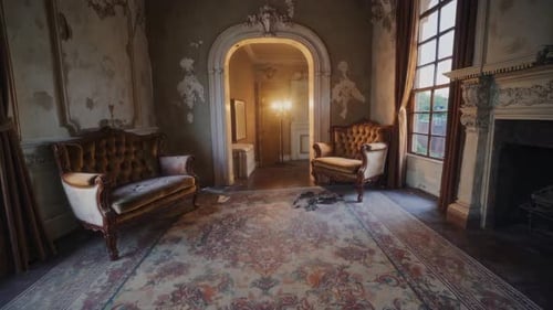 Slow Pan Through Ornate Abandoned Room Interior
