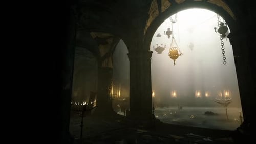 Entorno templario iluminado por lámparas colgantes y enredaderas