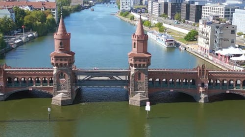Summer day east west Berlin Border River Bridge Germany. Fabulous aerial top view flight bird's eye