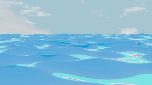 Cartoon water. Wavy ocean surface. Stylized ocean, horizon line, blue sky and white clouds.