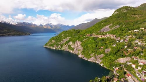 Aerial drone view of Varenna village near Lake Como, Italy