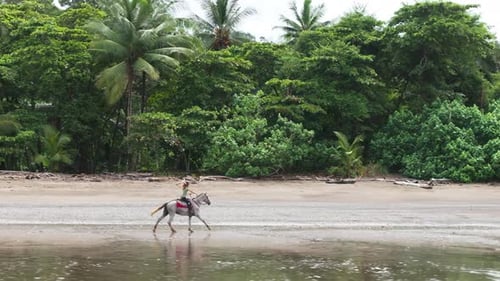 Ein Mädchen reitet glücklich auf einem Pferd am schönen Strand in Costa Rica