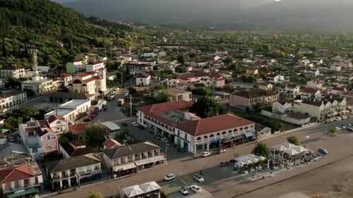 Aerial View of the Seaside Town on a Sunset