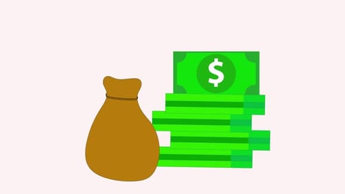 Flat Design Animation of Money Bag and Growing Dollar Stacks