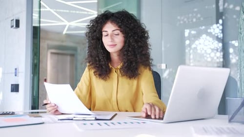 Woman Celebrates Business Success at Modern Office Desk