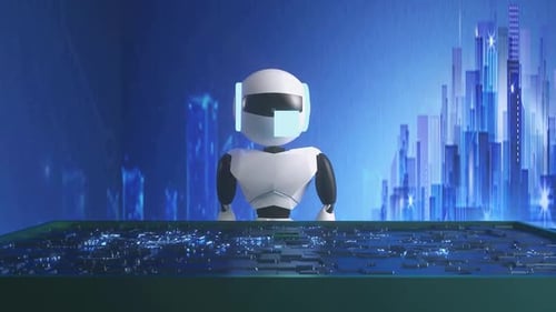AI Robot Building Digital City from Data and Light Particles