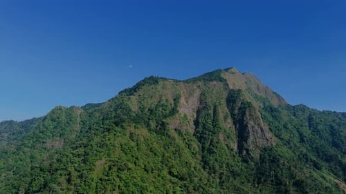 Aerial view of green forest mountain with beautiful blue sky