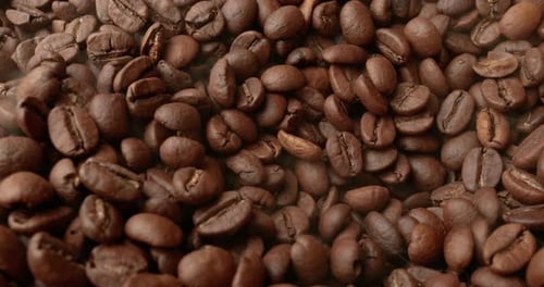 Close up of seeds of coffee. Fragrant coffee beans are roasted smoke comes from coffee beans.