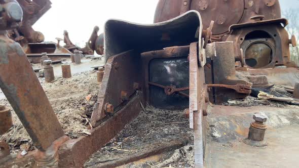 Part of a burnt Russian tank, muzzle. Detail of iron on a rusty armored ...