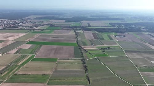 Aerial view of agricultural fields, France.