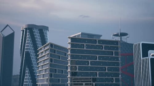 Grupo de edificios altos en un paisaje urbano futurista