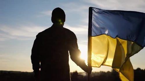 Silhouette Holding Flag Against Sky at Sunrise