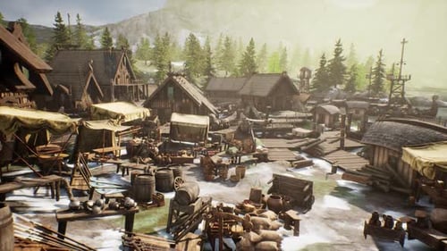 Animated Viking Village Fjord Settlement Drone View