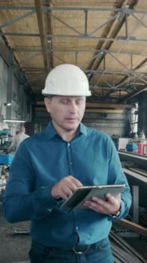 Man Using Tablet Inside Manufacturing Plant Wearing Hardhat