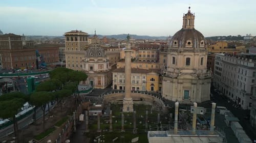 Trajan's Column in Imperial Forum. Aerial Drone Flight