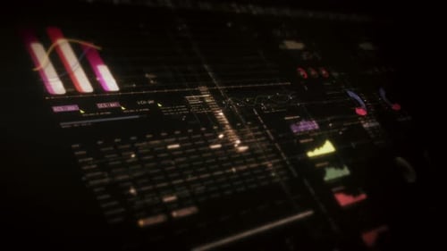 Futuristic Animated HUD Display with Financial Data and Business Graphs