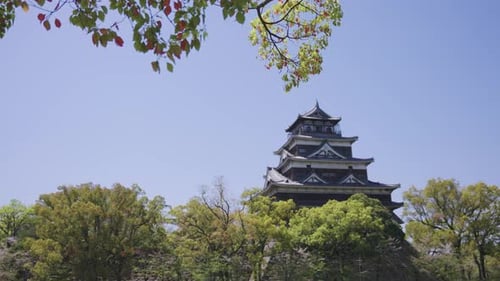 Establishing Shot of Hiroshima Castle, Clear Weather on Japanese Spring Day